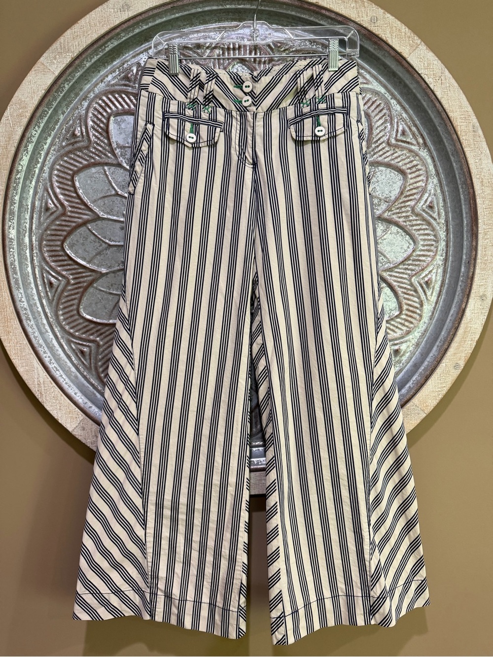 ETT twa-Anthropologie 100% Cotton Navy/ Cream High-Waist Striped Wide-Leg Pants